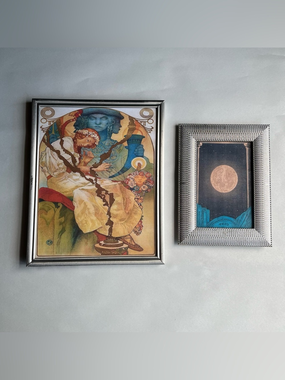 Metal Silvertone Picture Photo Frames w/ Fine Art Prints-Set of 2